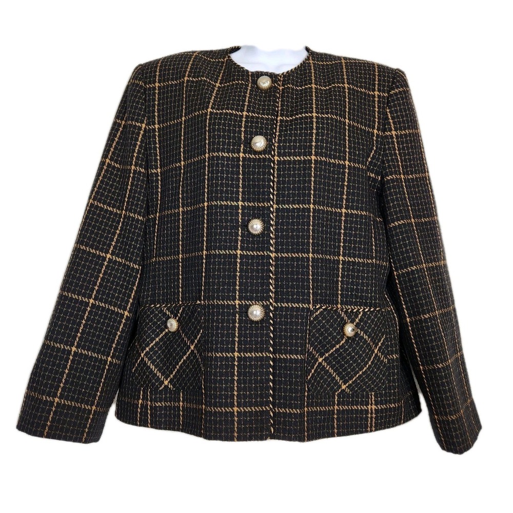 Vintage 80s 90s Womens Henry Lee Blazer Size 12 Black Gold Plaid Shoulder Pads